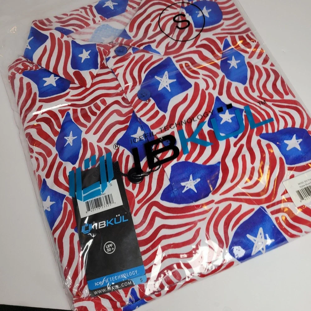 IBKUL Polo Shirt Mens Small Rylee Blue Red NEW IceFil Stars UPF 50 Golf 94193